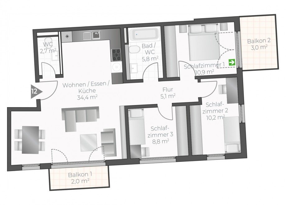 Wohnung-Nr. 12 Etagenwohnung Asperg